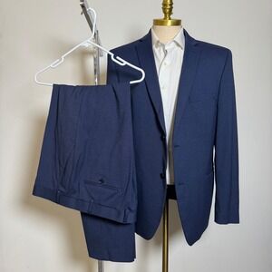 Alfani Slim Fit Mens Blue 2 Piece Suit 44L 38W Stretch Business Wedding Formal